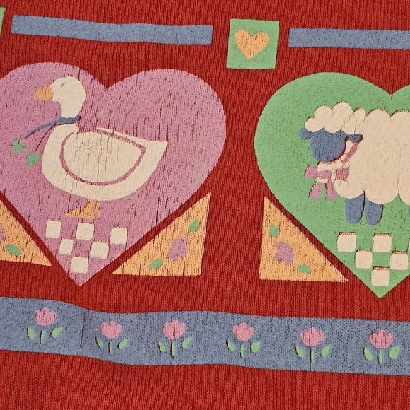 Vintage 90s Red Crewneck Sweatshirt Farm Animals Grandma Grannycore M Red - Picture 3 of 10